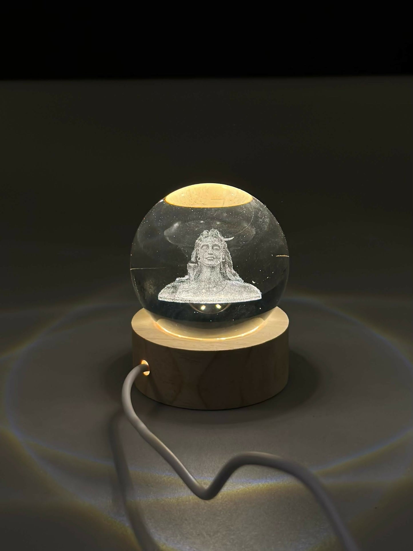 3D Crystal Glass Shiva Sculpture LED Night Lamp with Wooden Base