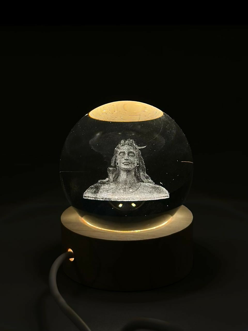 3D Crystal Glass Shiva Sculpture LED Night Lamp with Wooden Base