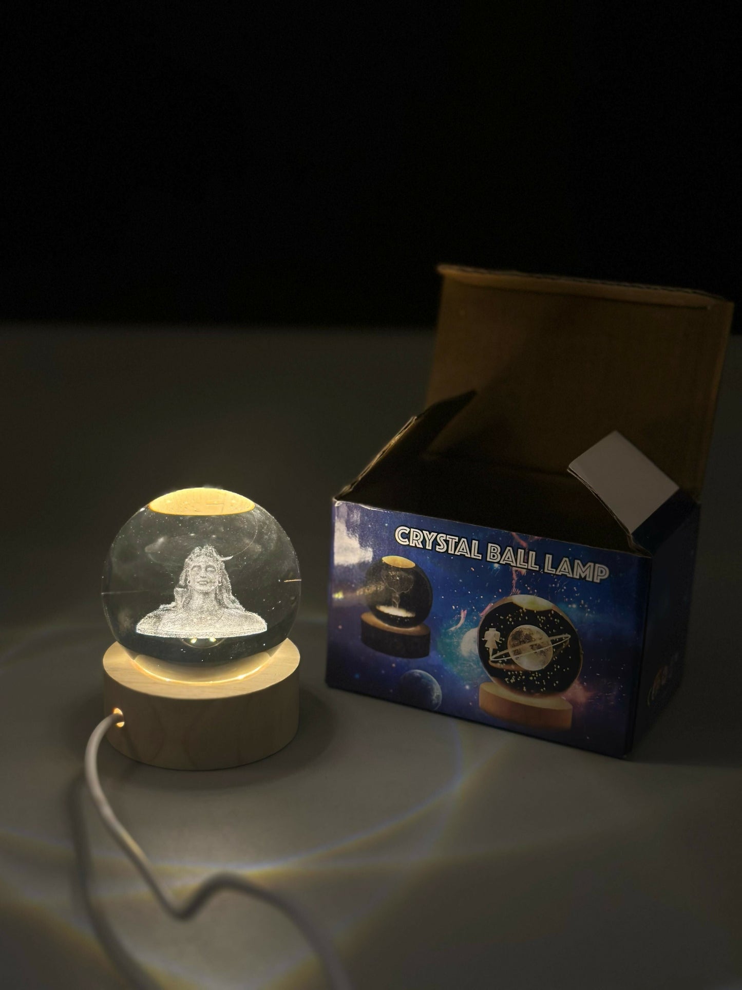 3D Crystal Glass Shiva Sculpture LED Night Lamp with Wooden Base