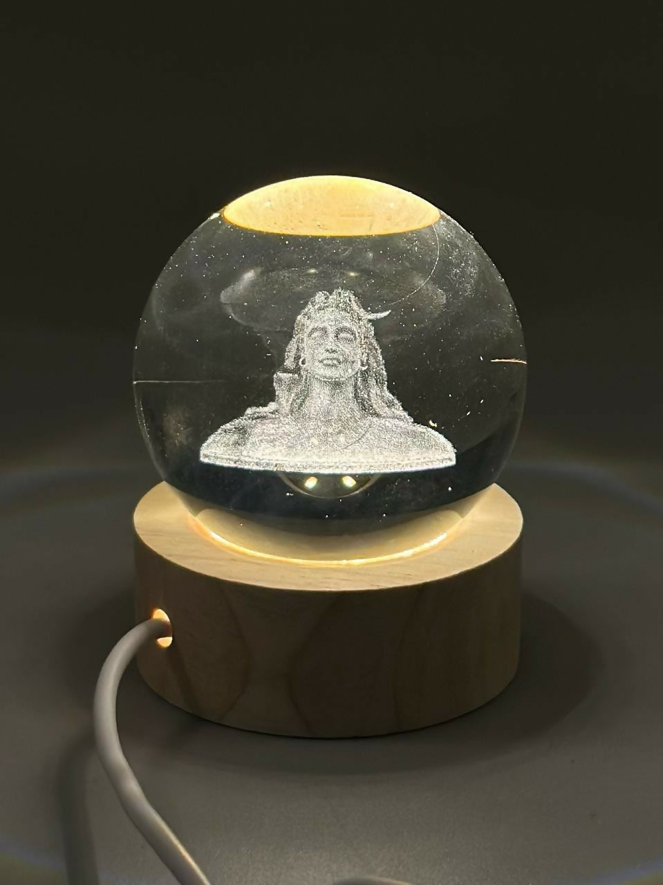 3D Crystal Glass Shiva Sculpture LED Night Lamp with Wooden Base